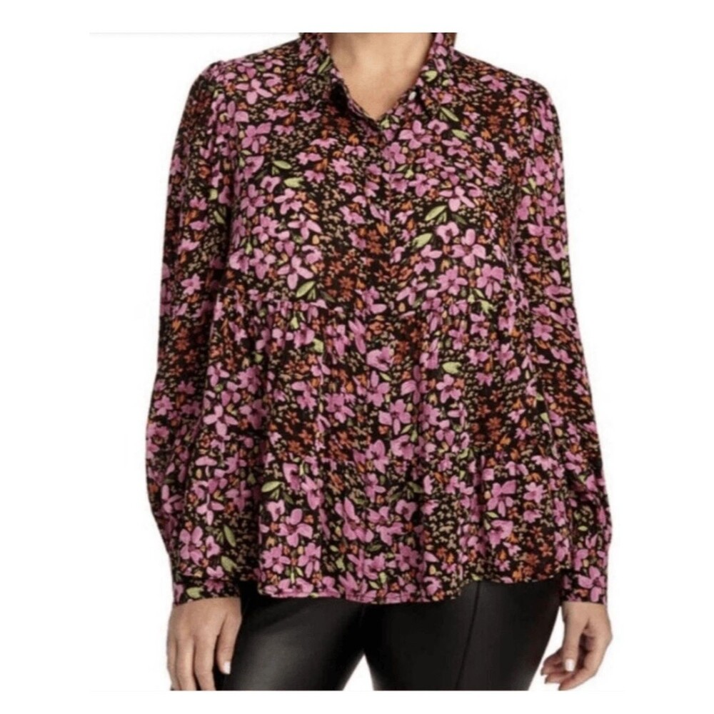 Adyson Parker Teaberry Black Pink Floral Button Shirt Blouse 2XL Long Sleeve